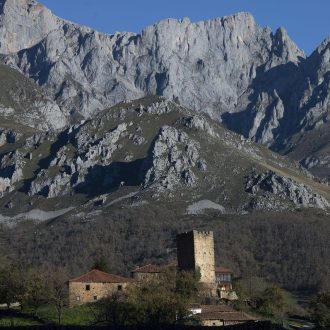 Las grandes montañas del macizo Oriental de Picos de europa se levantan por encima de Mogrovejo. La torre medieval de la familia Álvarez de Miranda destaca en el pequeño núcleo de casas. 📷 @dariodesnivel