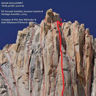 Topo de 'Andá p'allá' en la cara oeste de la Aguja Guillaumet (Foto: @patagoniavertical).