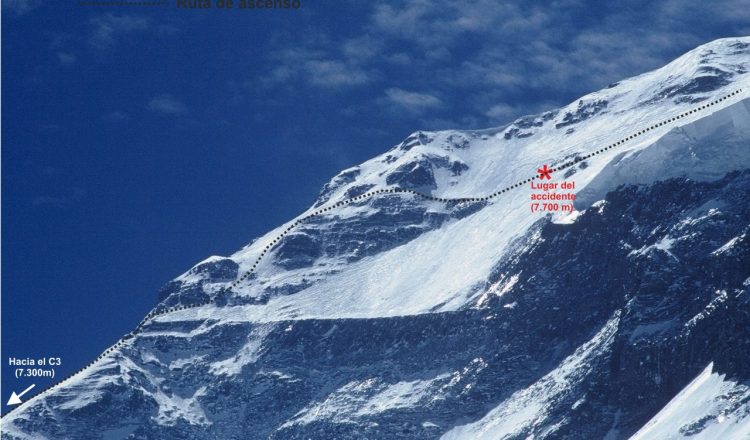 Foto de detalle del Dhaulagiri en la que está indicado el punto en el que Carlos Soria sufrió el accidente.