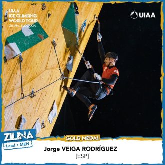 Podio masculino del Open Europeo de Drytooling de Zilina_Veiga 2023, con Jorge Veiga (1º), William Morris (2º) y David Bouffard (3º) (Foto: UIAA/Ivan Šulek).