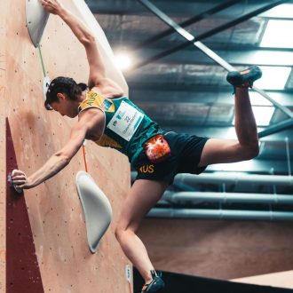 Oceana Mackenzie, en el torneo clasificatorio olímpico de Oceanía en Melbourne 2023 (Foto: @oceana_climbing).