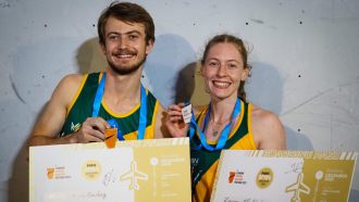 Mel Janse van Rensburg y Lauren Mukheibir en el clasificatorio preolímpico africano de Pretoria 2023 (Foto: IFSC).