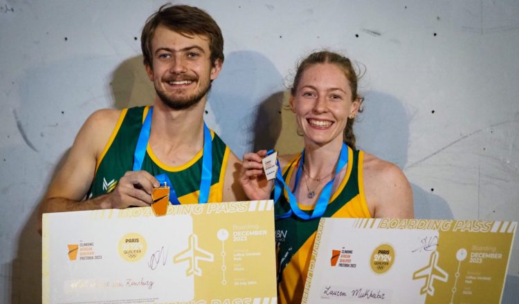 Mel Janse van Rensburg y Lauren Mukheibir en el clasificatorio preolímpico africano de Pretoria 2023 (Foto: IFSC).