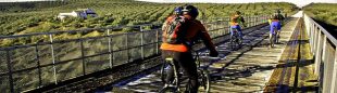 Un grupo de ciclistas pasa para uno de los puentes de la Vía Verde de la Subbética  ()