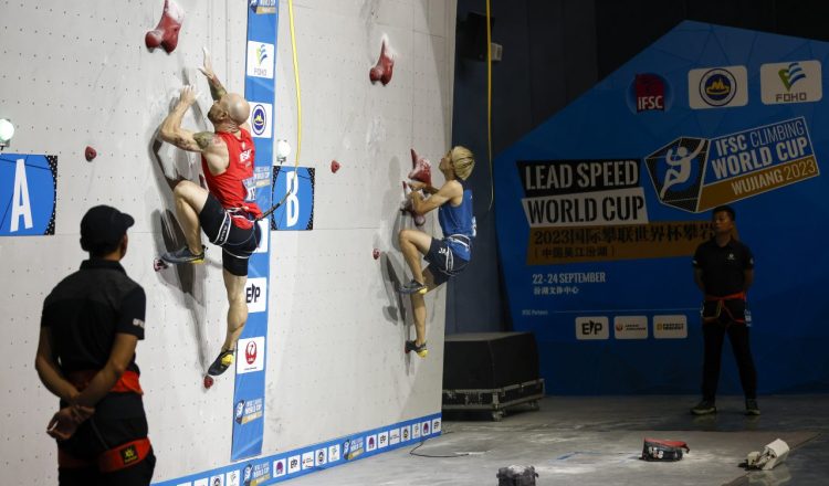 Erik Noya en la Copa del Mundo de Velocidad de Wujiang 2023 (Foto: Dimitris Tosidis/IFSC).